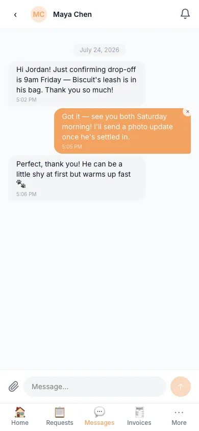 ToeBeans messages screen showing a conversation between a sitter and a pet parent