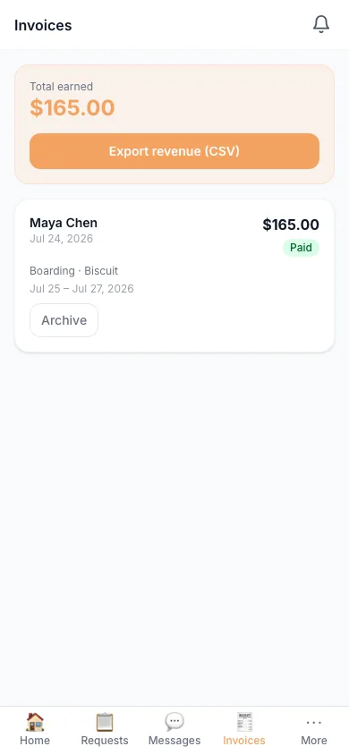 ToeBeans payments screen showing an invoice marked paid